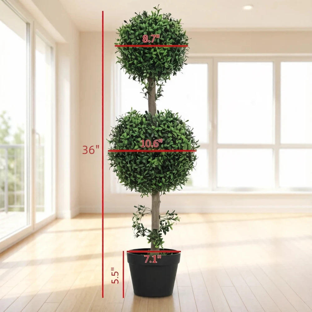 Stylish Artificial Topiary,Double-Ball Topiary Tree in Pot,Chic Artificial Ball Boxwood Topiary Trees(Only 2Pcs Artificial Plant)