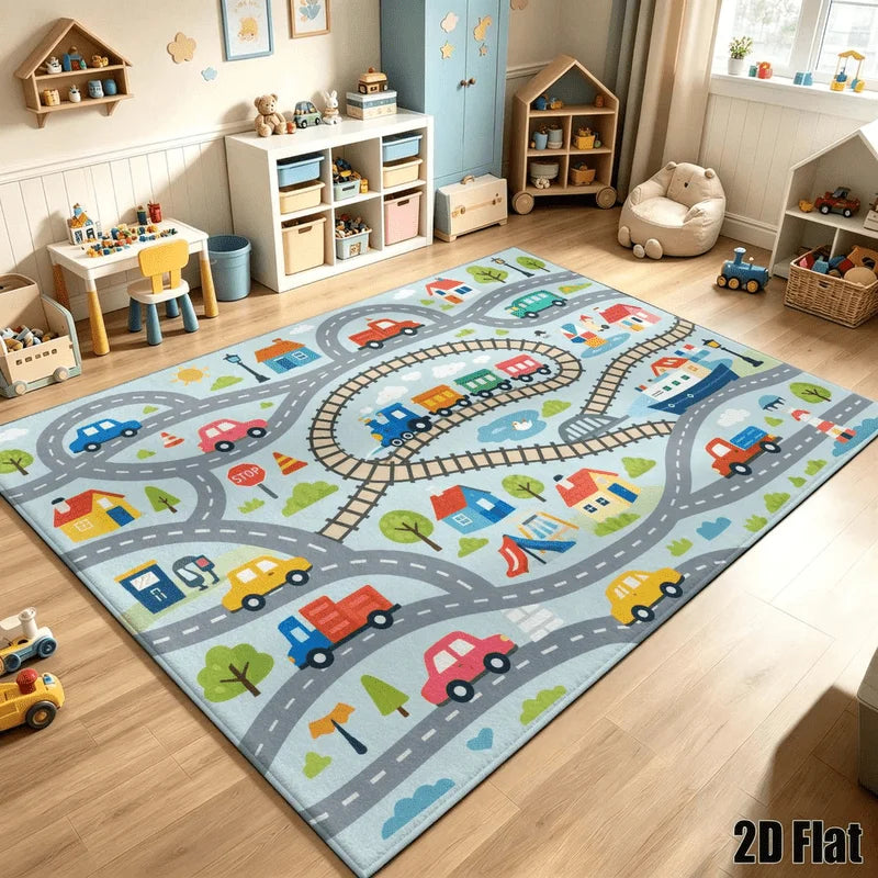 1Pc Cartoon Transportation Town Pattern Printed Rug, Retro Art Decorative Rug for Living Room, Bedroom, Dining Room, Bedside, Indoor and Outdoor Patio, Home Decor