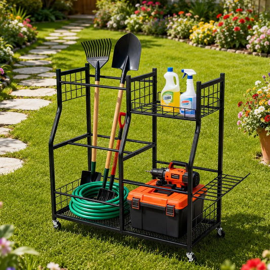 Heavy Duty Garden Tool Organizer Stand – Storage Rack Ideal for Garage, Storage unit, or Workshop – Space-Saving Shelving Solution for Home Improvement and Garage Organization