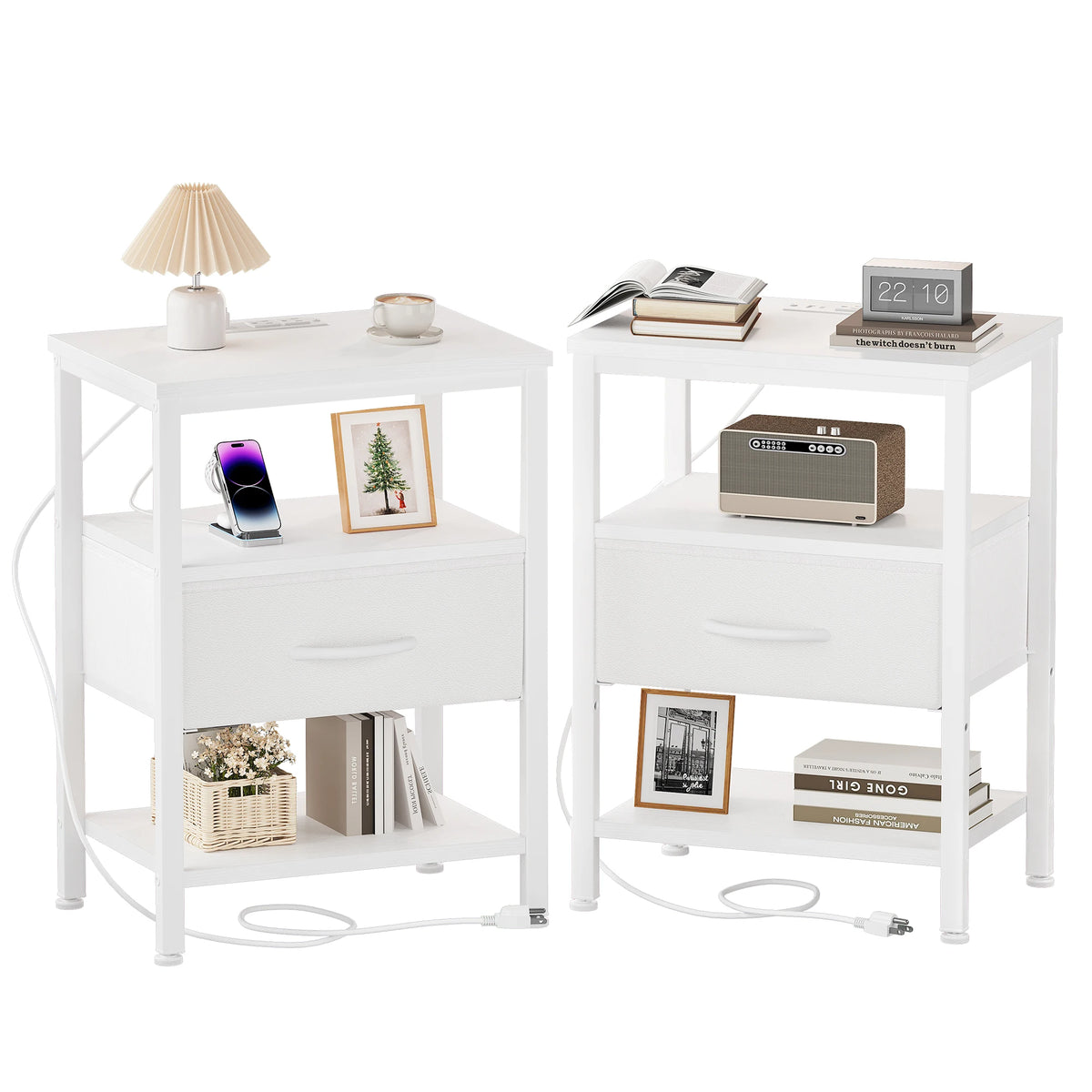 MCQ Nightstand Set of 2 Fabric Drawers with Charging Station Cabinets Bedside End Table Storage With Charging Station for Home