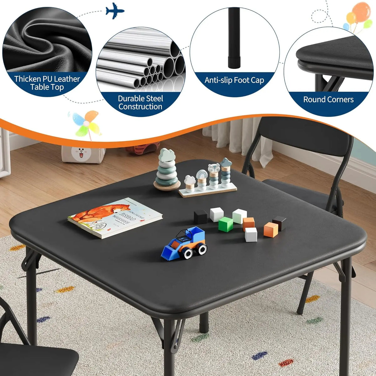 5-Piece Kids Folding Table and Chairs Set, Square Table | Foldable Children's Activity Table & Chair Set, Upholstered Chairs, Waterproof PU Top, No Assembly, Toddler Furniture