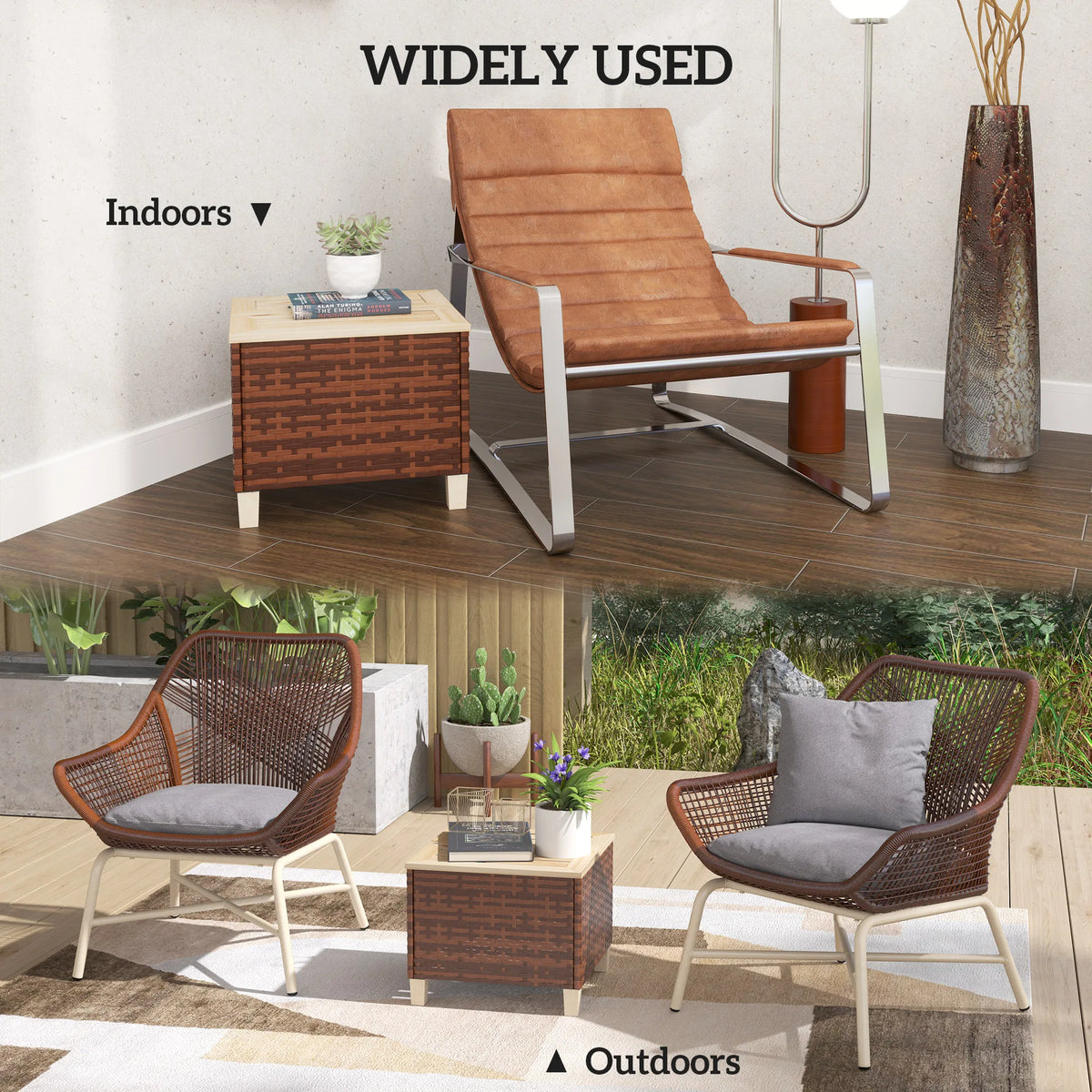 Outdoor Side Table with PE Rattan, Accent Table with Wood Top, Brown