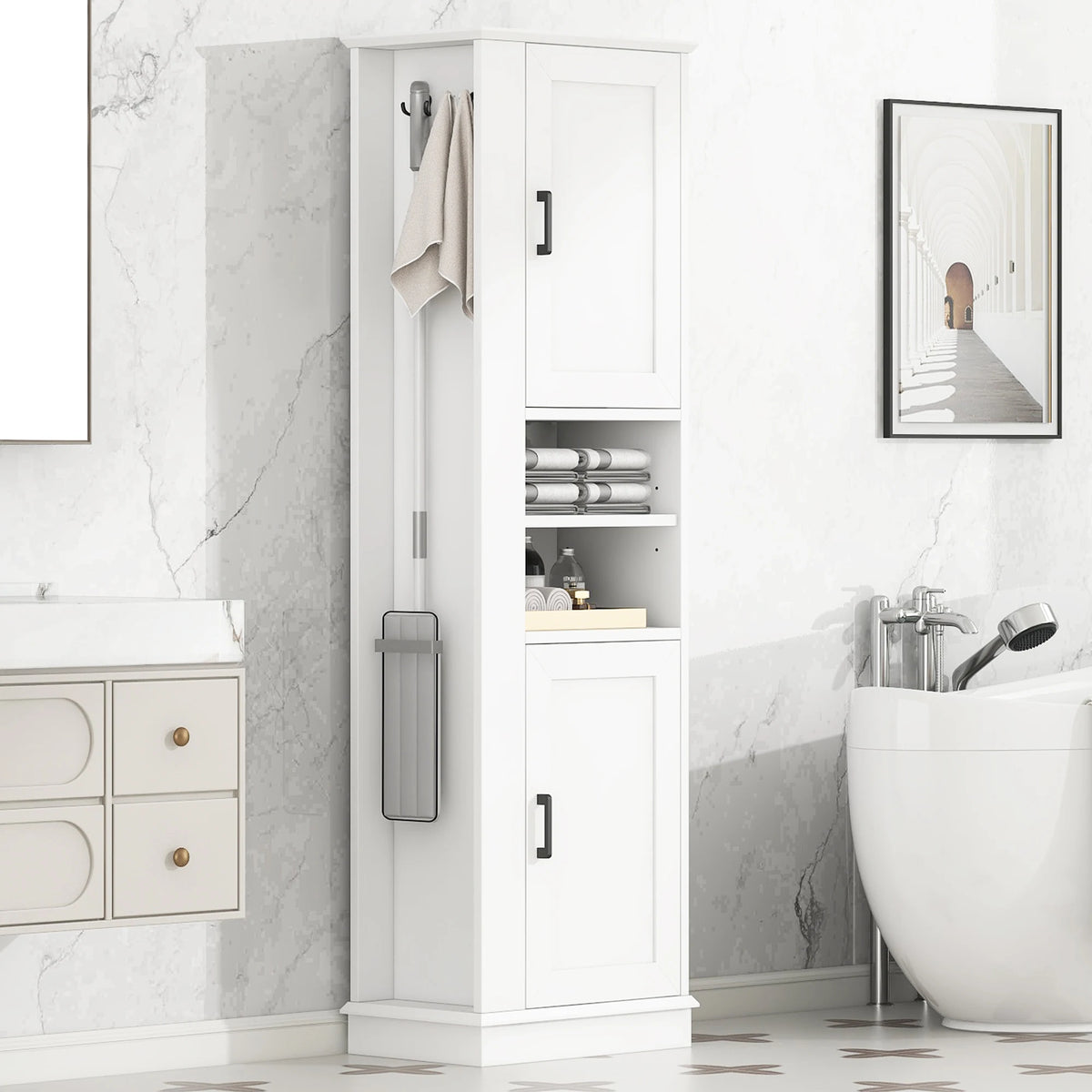 Freestanding Bathroom Storage Cabinet White MDF Tall Organizer with Adjustable Shelves and Side Hook Laundry Room Floor Unit