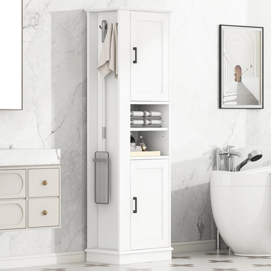 Freestanding Bathroom Storage Cabinet White MDF Tall Organizer with Adjustable Shelves and Side Hook Laundry Room Floor Unit