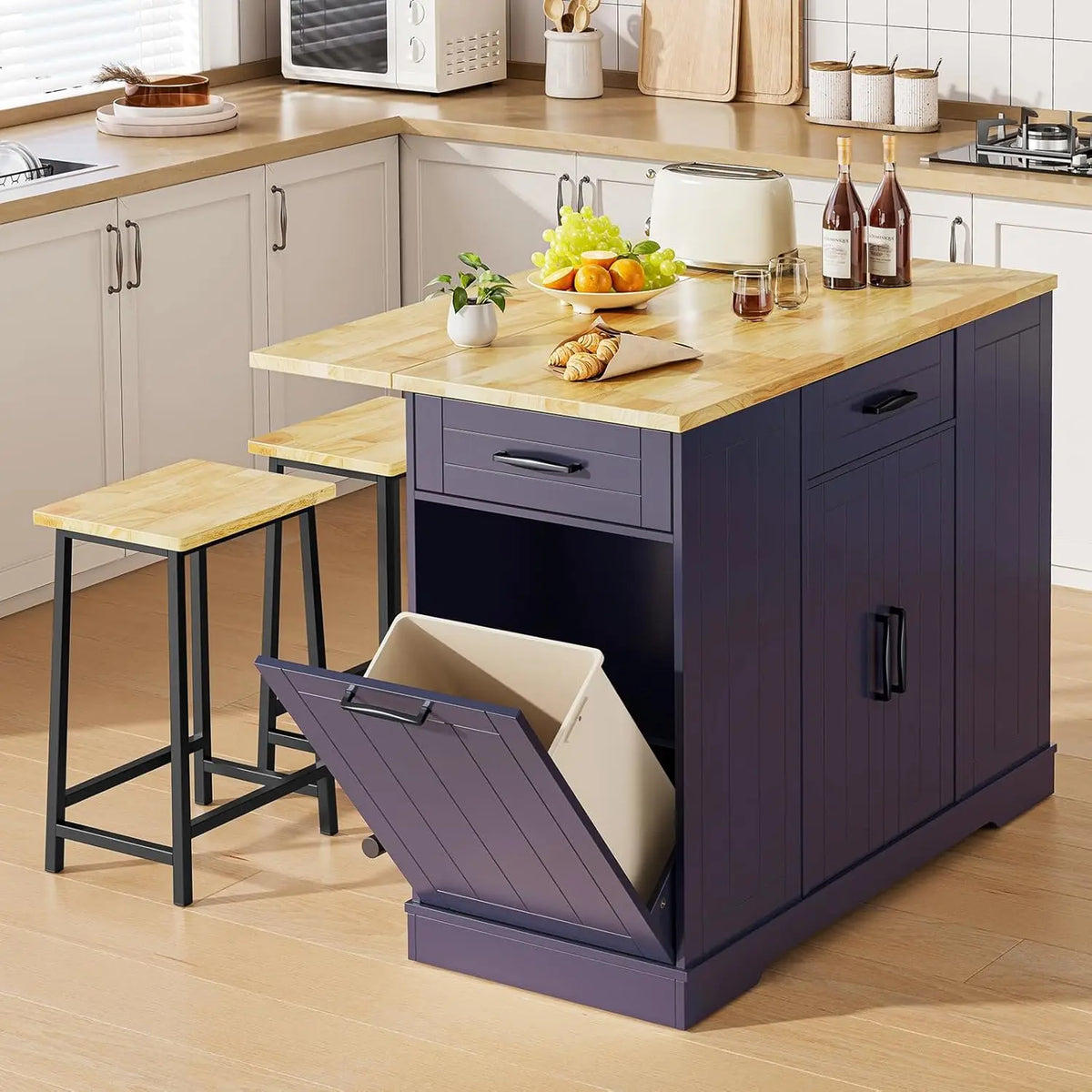 Stationary Kitchen Islands with 2 Chairs, 47" Rolling Kitchen Island with Drop Leaf, Home Bar Table with Spice Rack & Trash Can, Movable Island, Island Table for Dining Room