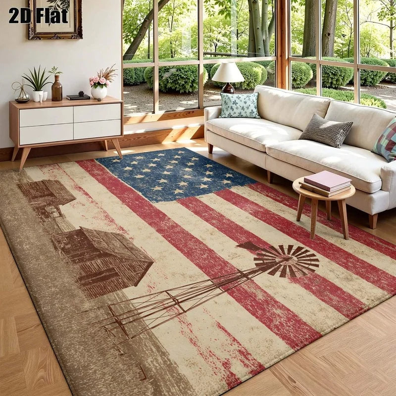 1Pc American Retro Flag Farmhouse Style Print Carpet, Bohemian Style Decorative Rug for Living Room, Bedroom, Dining Room, Bedside, Indoor and Outdoor Patio, Home Decor Accessories
