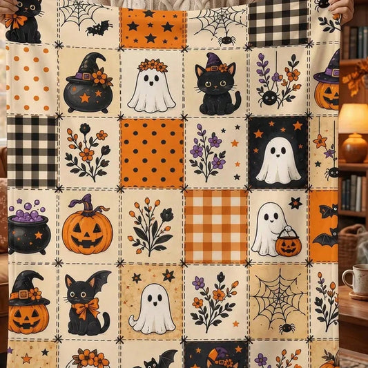 Halloween Ghost Fleece Blanket, Spooky Black Cat Throw Blanket, Pumpkin Patchwork Blanket, Cozy Fall Halloween Home Decor Gift