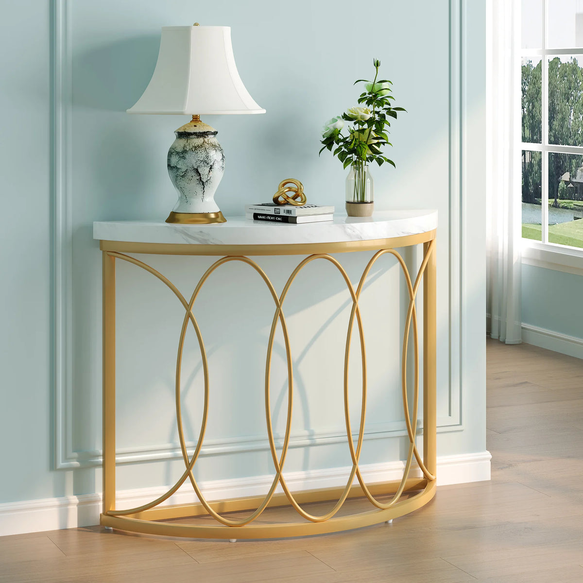 Tribesigns Half Moon Gold Console Table, 43" Modern Entryway Table, Narrow Semi Circle Sofa Table with Geometric Metal Frame