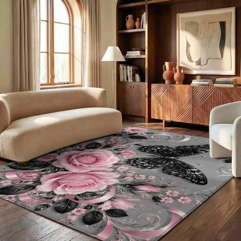 1Pc Light Luxury Retro Pink Rose Black Butterfly Printed Carpet, Warm Home Decoration, Artistic Decorative Carpet, Suitable for Living Room, Bedroom, Dining Room, Bedside, Indoor and Outdoor Patio, Home Decoration