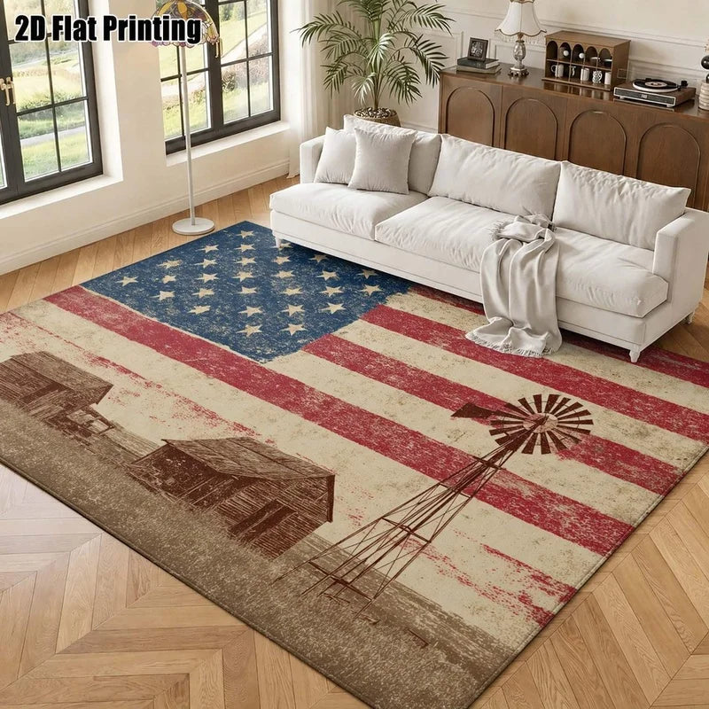 1Pc American Retro Flag Farmhouse Style Print Carpet, Bohemian Style Decorative Rug for Living Room, Bedroom, Dining Room, Bedside, Indoor and Outdoor Patio, Home Decor Accessories