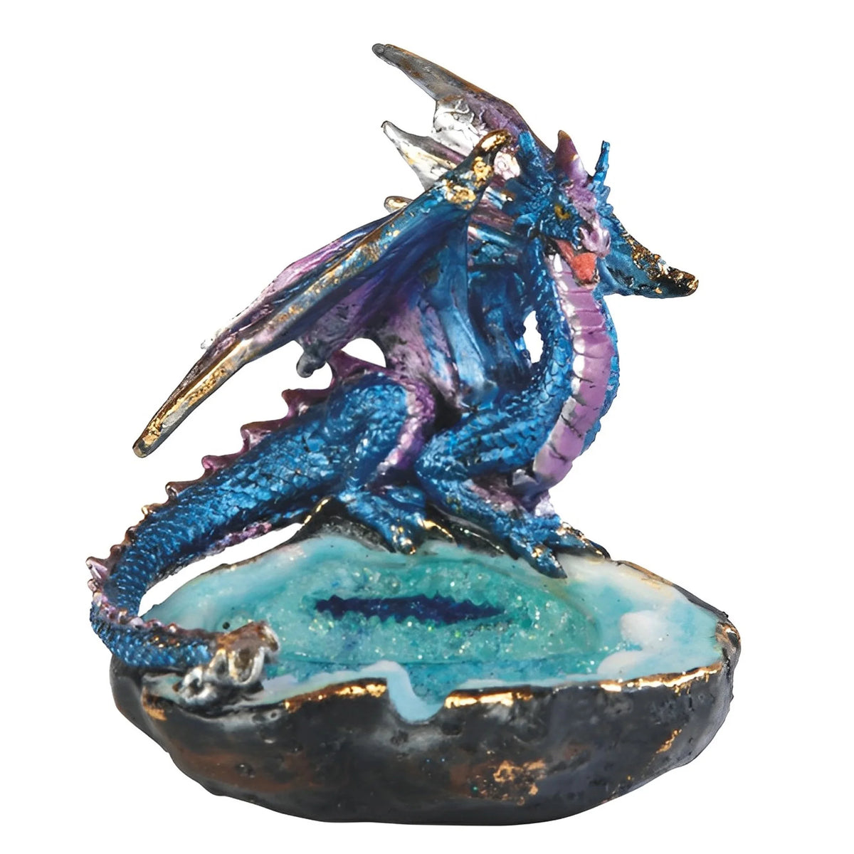 3"H Blue Dragon Tray Figurine – Fantasy Dragon Statue with Faux Crystal Geode Base, Decorative Resin Collectible for Office Desk, Bookshelf, Home Decor, Gothic Gift for Dragon Lovers