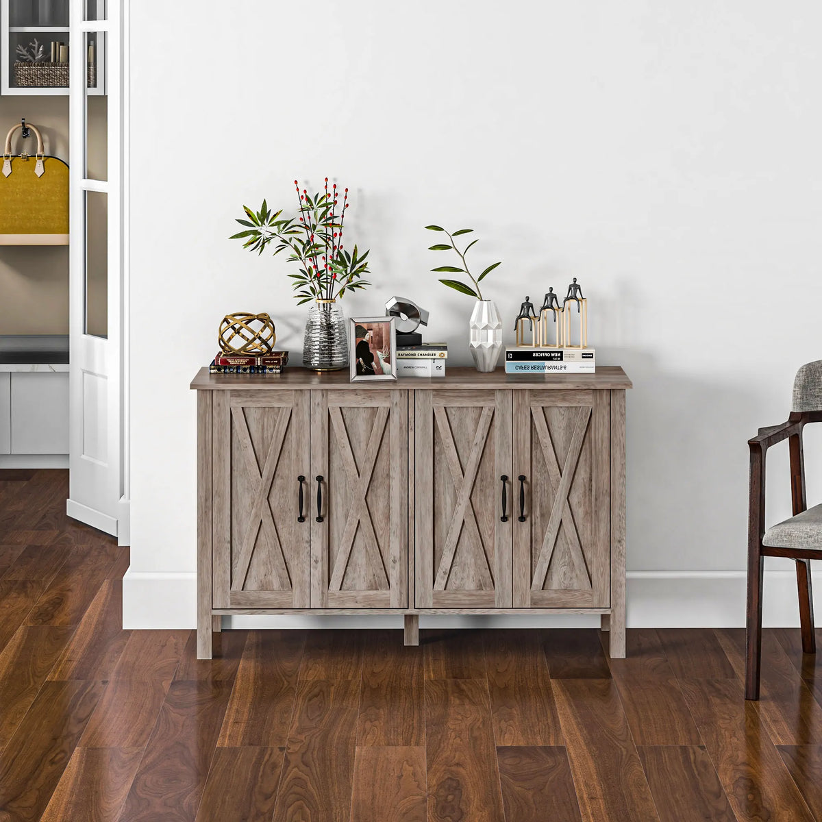 Buffet Cabinet, 47" Sideboard with 4 Barn Doors and 2 Adjustable Shelves, Farmhouse Coffee Bar Cabinet, Gray Wood Grain