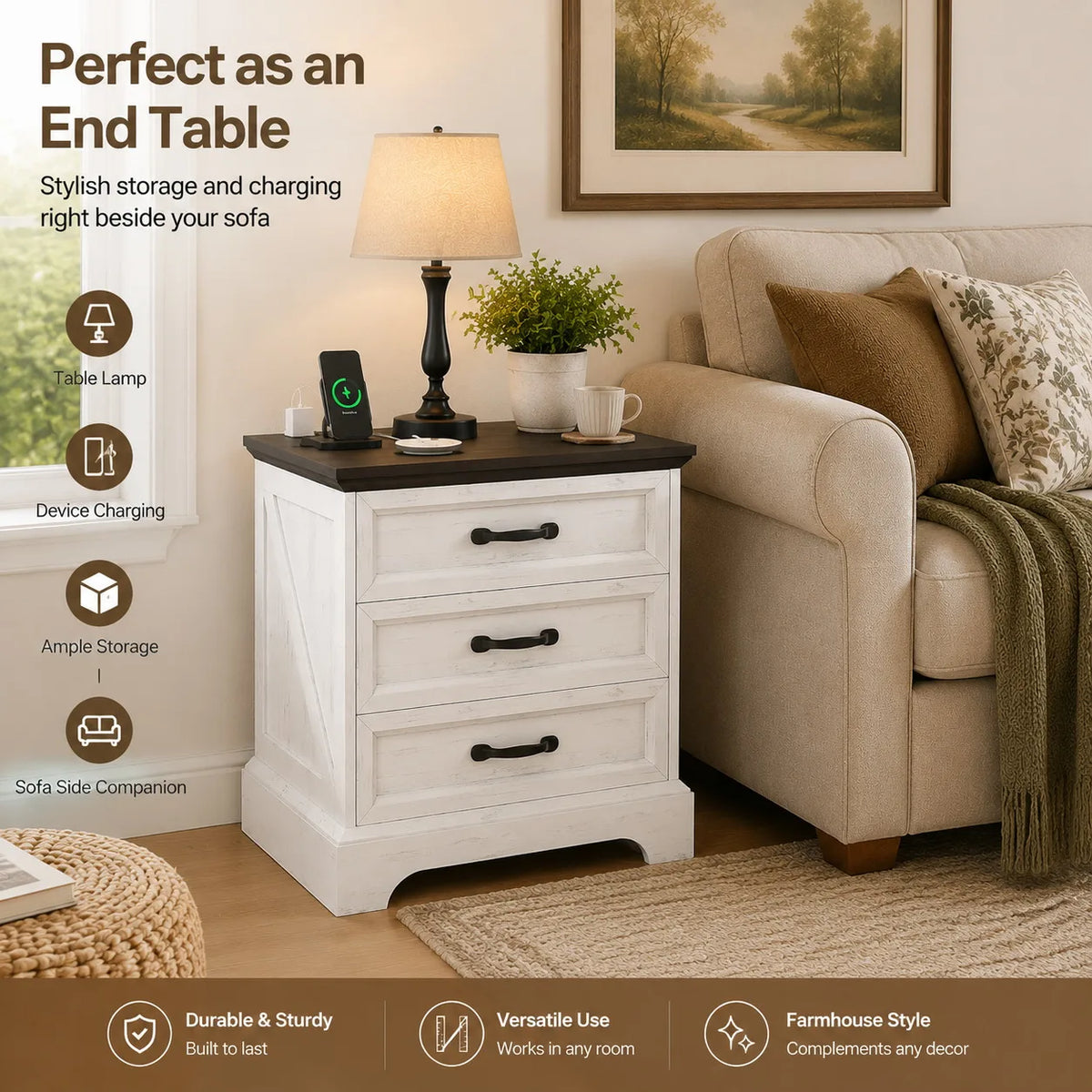3 Drawer Farmhouse Bedside Cabinet with Charging Station, Storage Nightstand with USB Ports and Power Outlets for Bedroom Home