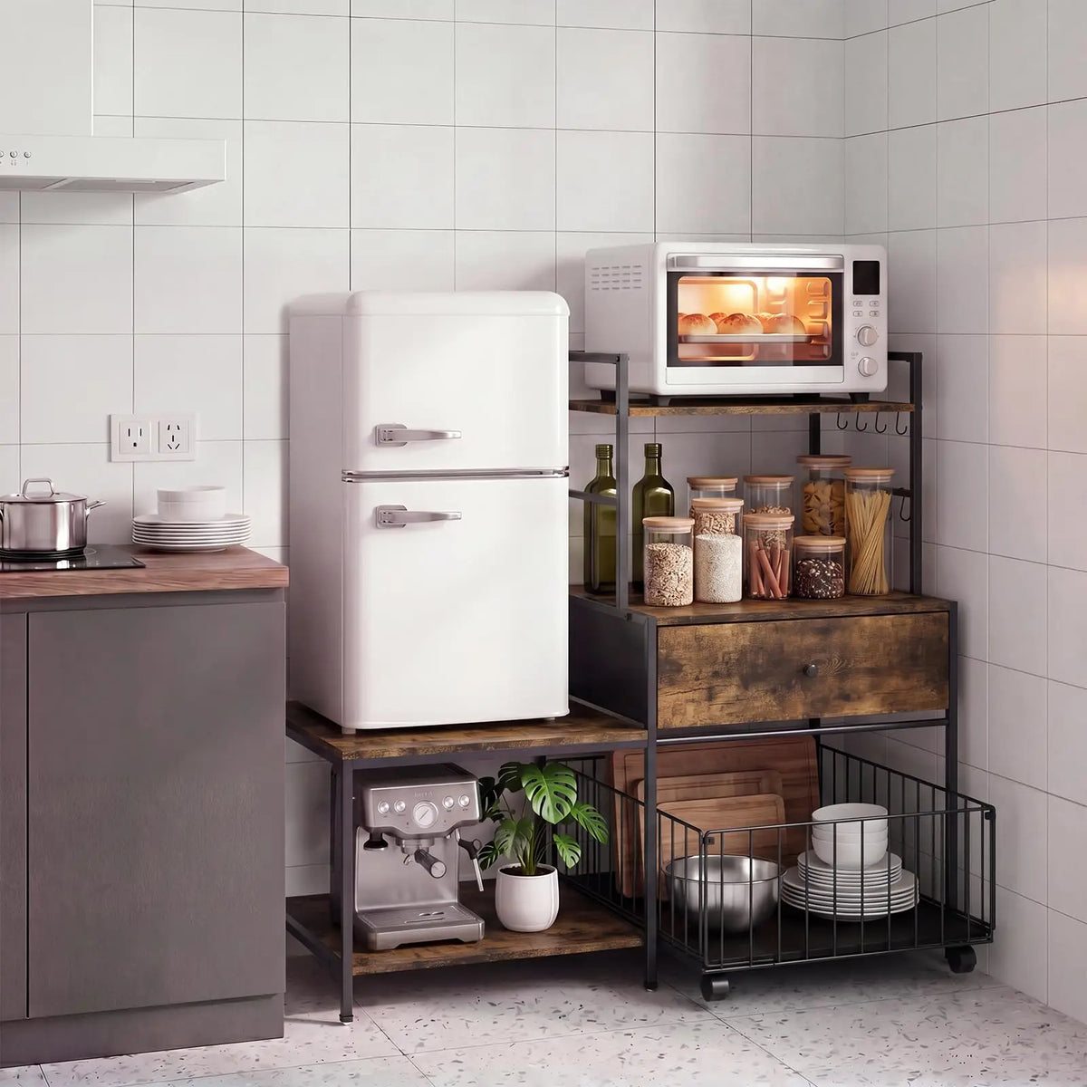Mini Fridge Stand with Storage & Metal Drawers, Burn Color | 260 lb L-Shaped Utility Bakers Rack with Mini Fridge Space, 5-Tier Sturdy Microwave Stand and Coffee Station for Dorm, Office