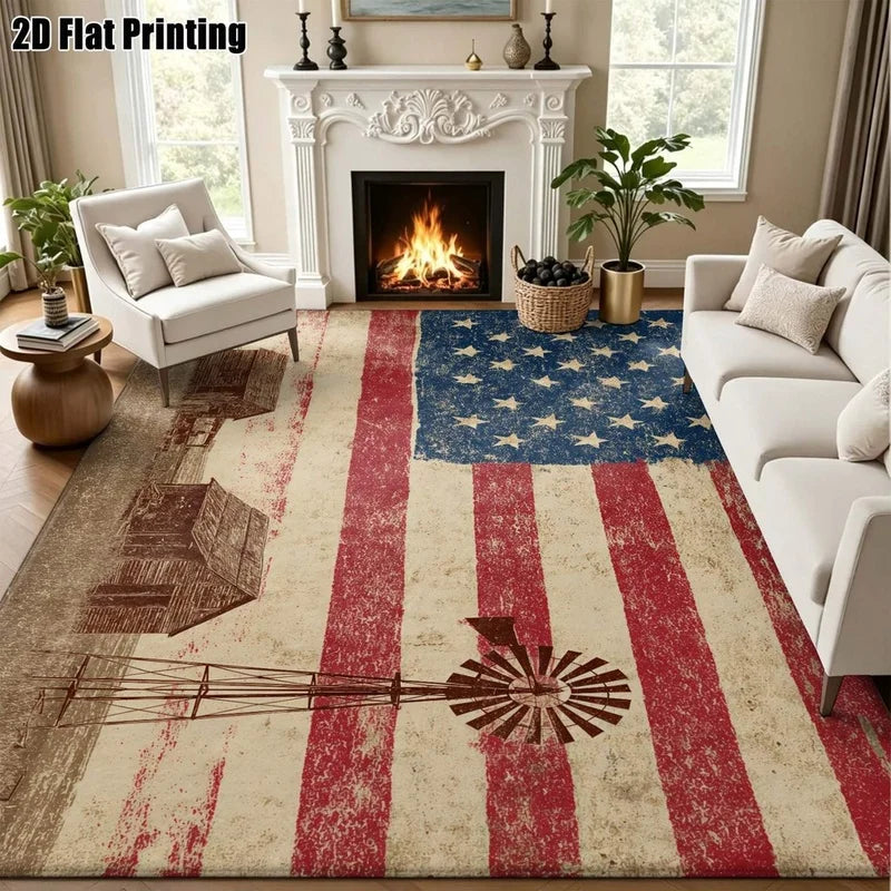 1Pc American Retro Flag Farmhouse Style Print Carpet, Bohemian Style Decorative Rug for Living Room, Bedroom, Dining Room, Bedside, Indoor and Outdoor Patio, Home Decor Accessories
