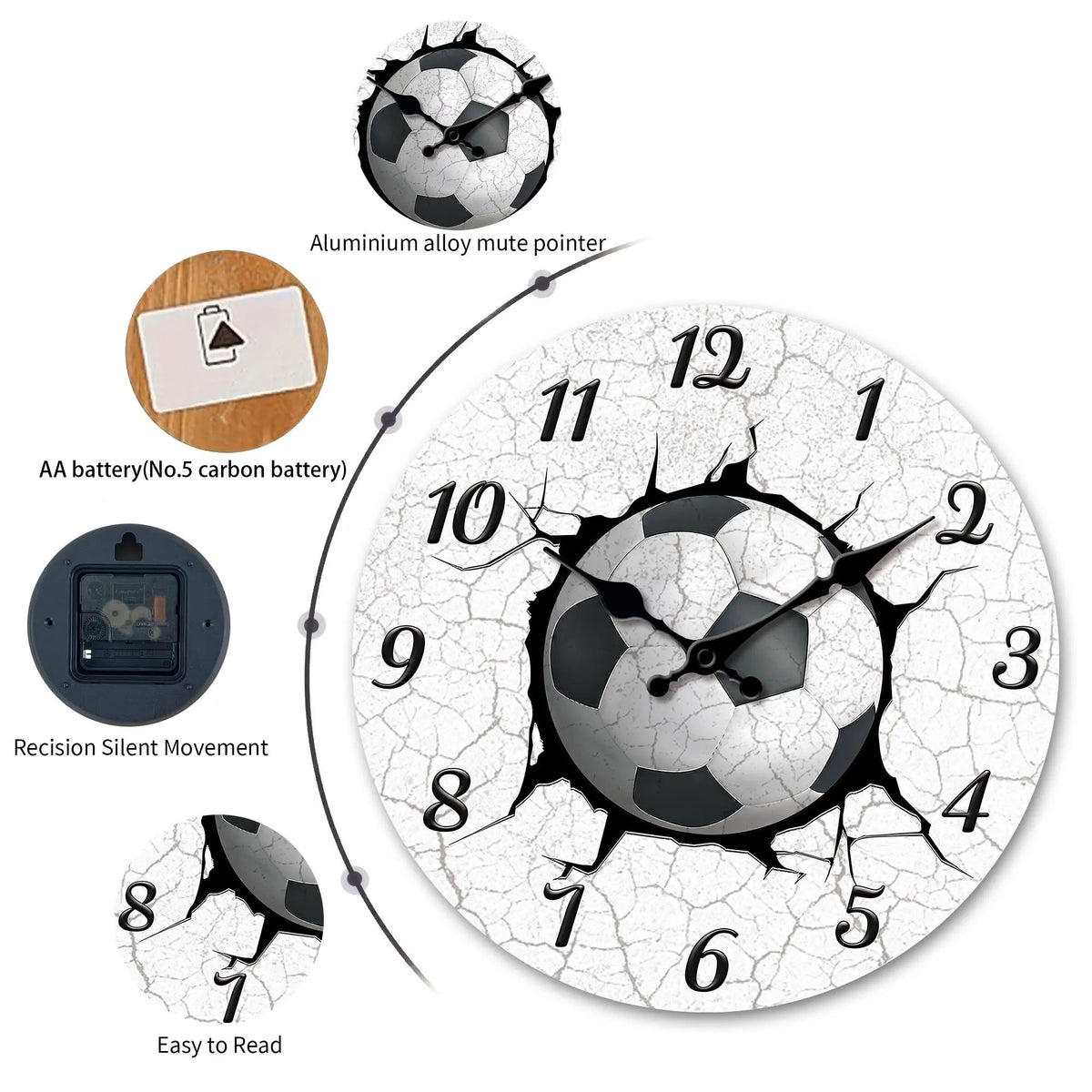 1pc 25.4-40.64 cm Sports Football Wooden Wall Clock, Football Print Crack-Sports Theme Design Round Wall Clock-Silent Quartz Clock, Suitable for Living Room, Kitchen, Bedroom, Office, Gym Decoration, Home Decor, Wall Decor, G
