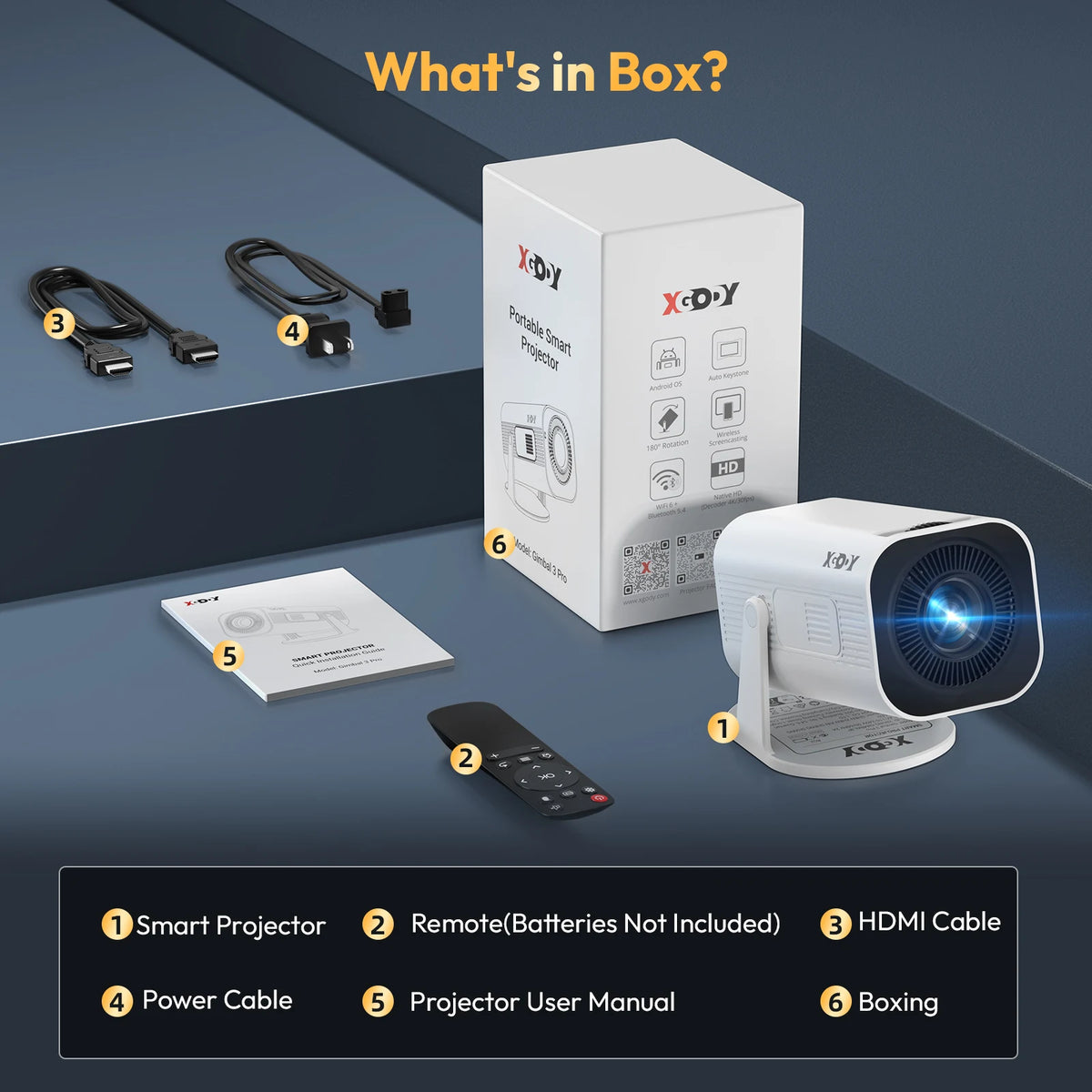 XGODY Gimbal 3 Pro Mini Portable Projector, Native 720P 300 ANSI 4K Supported, Android 11 WiFi 6 BT 5.4, Auto Vertical Keystone Correction, 120 Inch Backyard Travel Movie Gaming Projector with HDMI USB