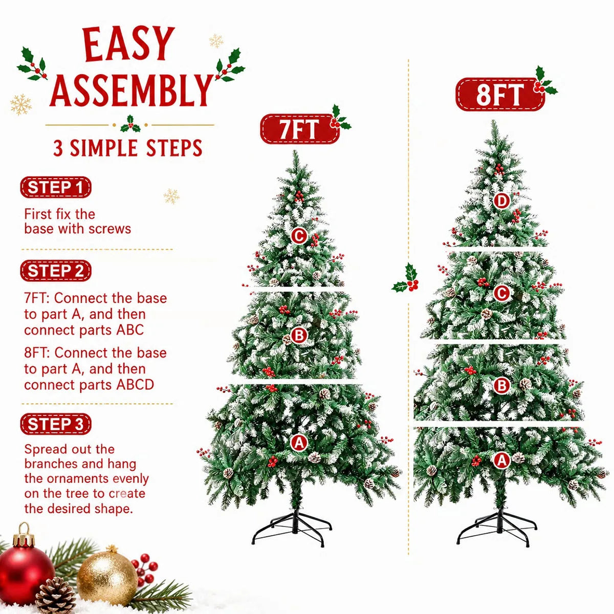 7FT 8FT Snow Flocked Artificial Christmas Tree with Pine Cones & Red Berries, Hinged Xmas Tree with Foldable Metal Stand for Indoor Holiday Home Decor