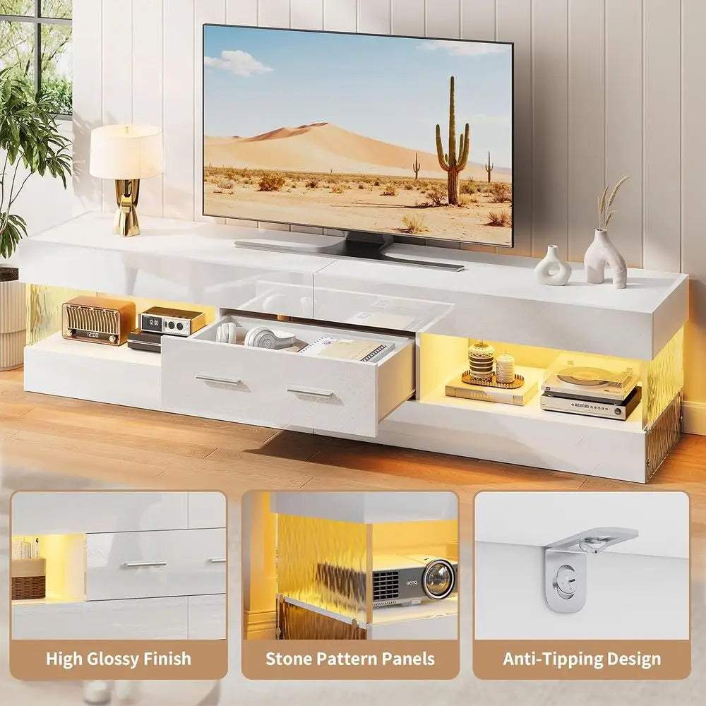 High Gloss LED Entertainment Center Stand for TVs up to 75 Inch with Stone-Edged Do TV with Der & Storage for Living Room