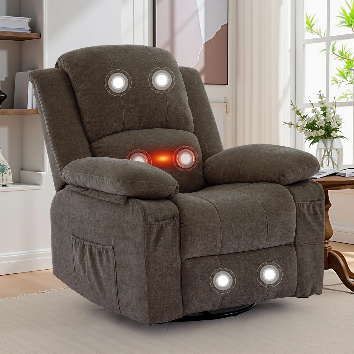 Korser Swivel Small Rocker Recliner Chair with Massage Chenille fabric Folding Armchair for Living Room，Bedroom