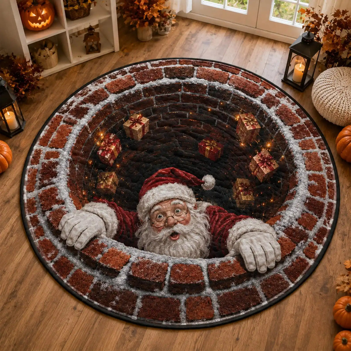 1PC Santa Claus chimney illusion printed circular carpet, fun visual effect 2D flat printed carpet, Christmas home decoration, suitable for living room, bedside, bedroom, entrance Christmas mats, holiday parties