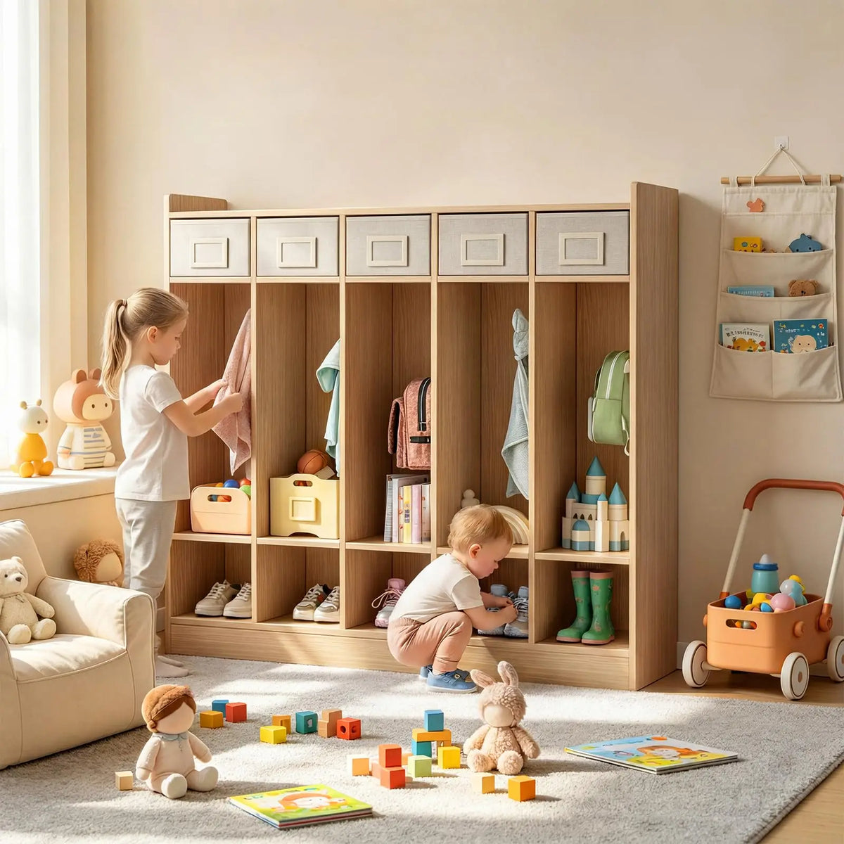 5-Section Classroom Coat Locker With 10 Cubbies & Hooks, Kids Daycare Storage Organizer With 5 Bins For Preschool Nursery Playroom
