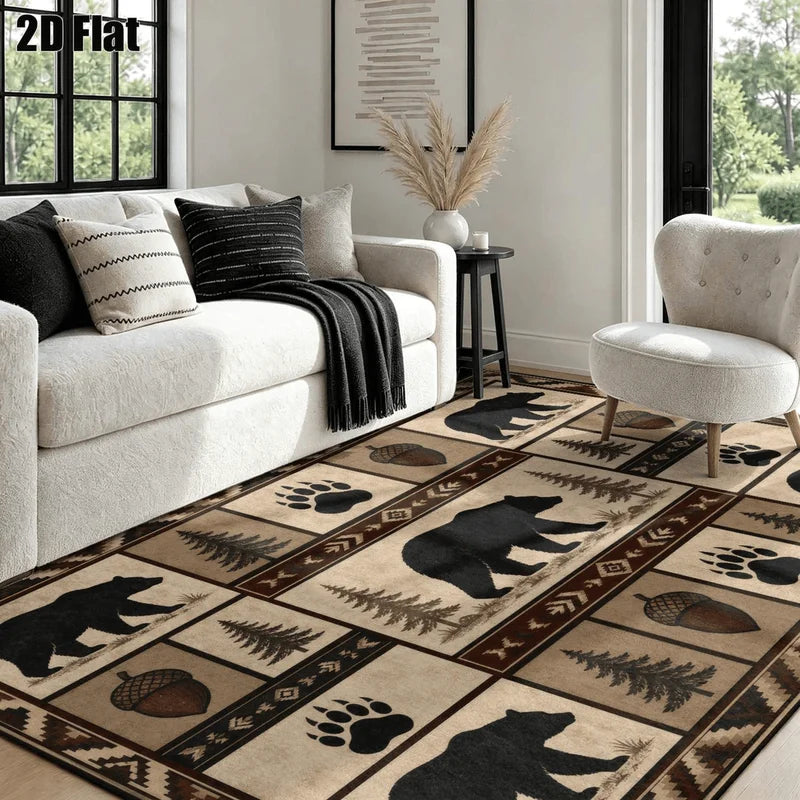 1Pc American Retro Black Bear Pinecone Pattern Rug, Machine Washable, Personalized Decoration, Retro Style Home Decoration, Suitable for Living Room, Bedroom, Entryway, Office, Corridor and Other Areas