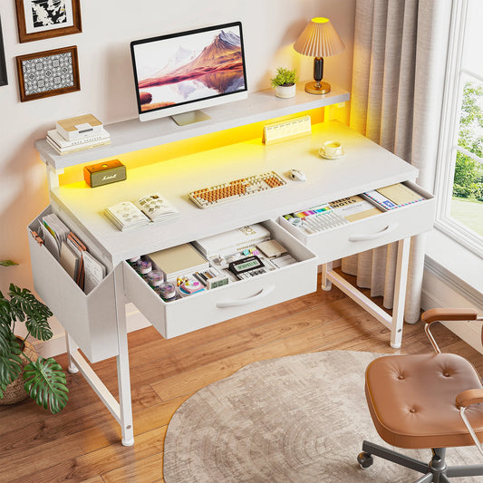EnHomee 37.8"H RGB LED Study Writing Table Monitor Stand Computer Desk with 2 Fabric Drawers  Small Desk Anti-Tip Design for Home Office