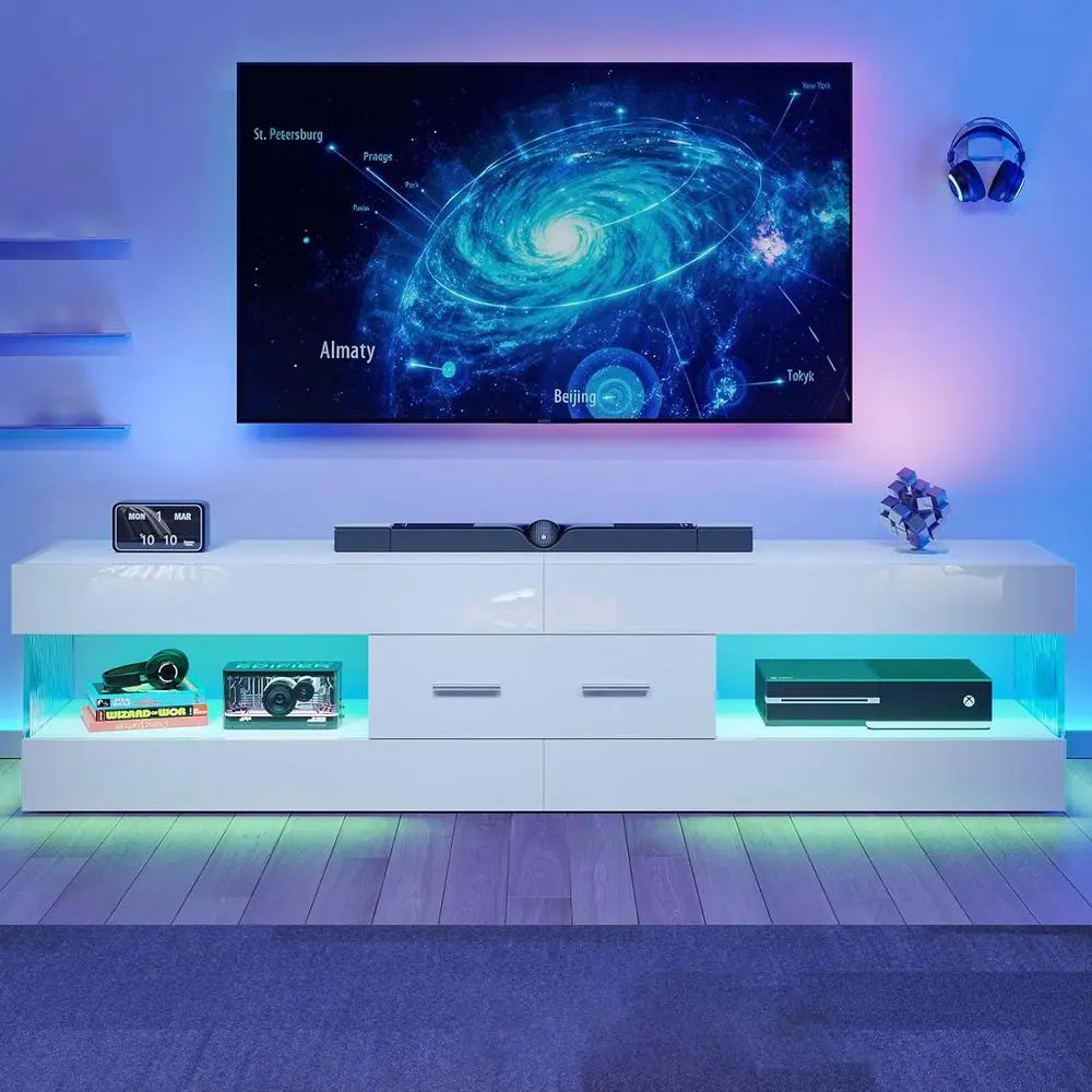 High Gloss LED Entertainment Center Stand for TVs up to 75 Inch with Stone-Edged Do TV with Der & Storage for Living Room