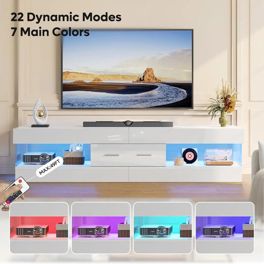 High Gloss LED Entertainment Center Stand for TVs up to 75 Inch with Stone-Edged Do TV with Der & Storage for Living Room