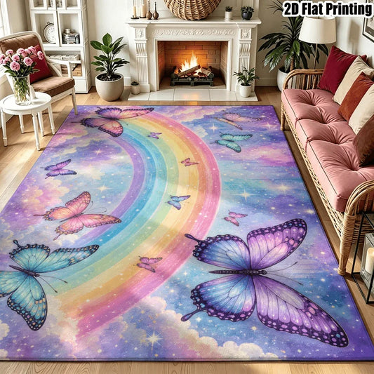 1Pc Dreamy Rainbow Butterfly Printed Carpet, Vintage Art Decorative Rug for Living Room, Bedroom, Dining Room, Bedside, Indoor and Outdoor Patio, Home Decor