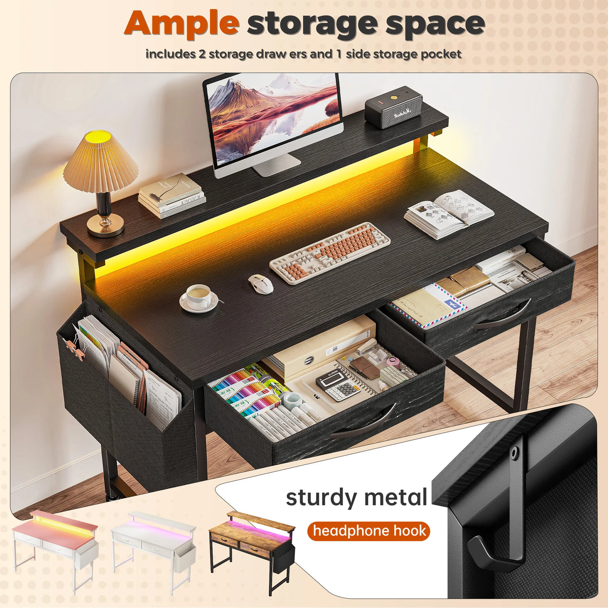 EnHomee 37.8"H RGB LED Study Writing Table Monitor Stand Computer Desk with 2 Fabric Drawers  Small Desk Anti-Tip Design for Home Office