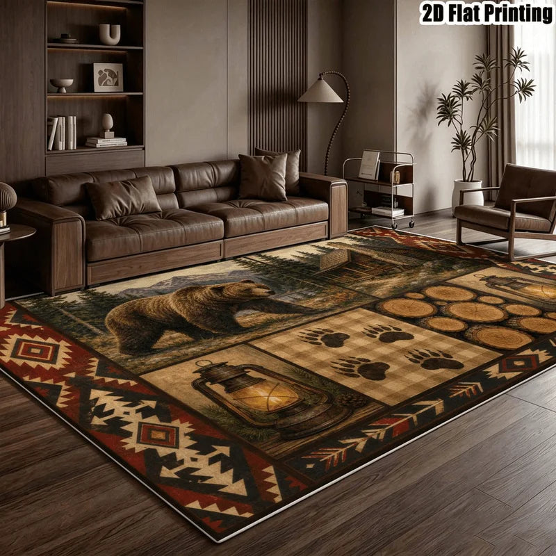 1Pc American Retro Bohemian Brown Bear Cabin Carpet, Machine Washable, Unique Decor, Retro Style Home Essential, Suitable for Living Room, Bedroom, Entryway, Office, Balcony and Other Areas