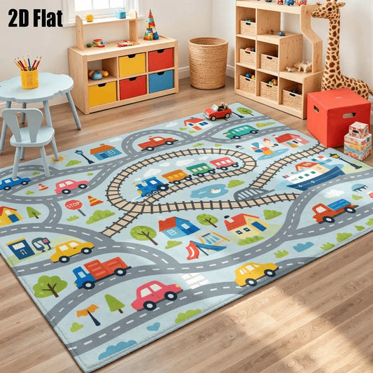 1Pc Cartoon Transportation Town Pattern Printed Rug, Retro Art Decorative Rug for Living Room, Bedroom, Dining Room, Bedside, Indoor and Outdoor Patio, Home Decor
