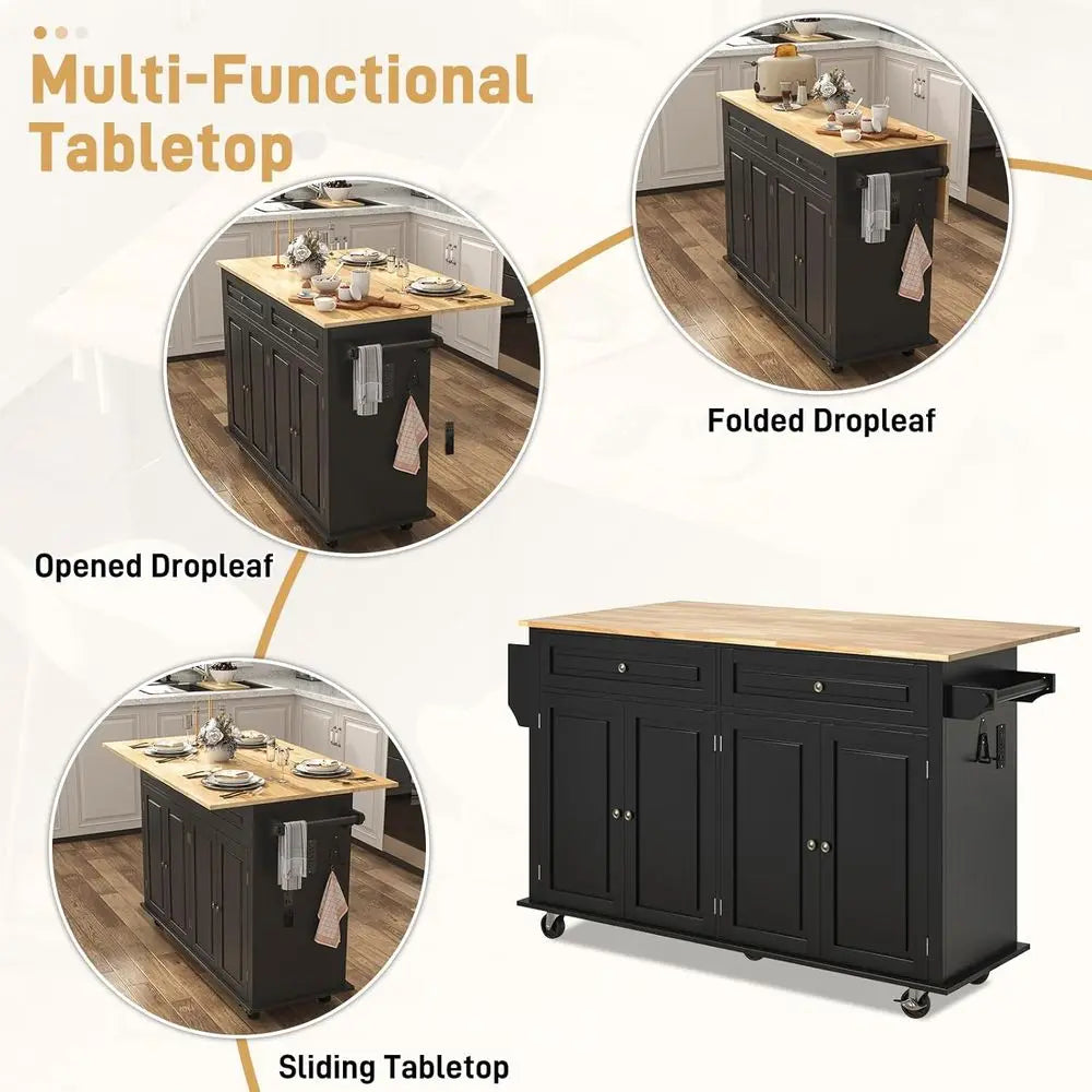 63" Movable Kitchen Island with Drop Lea and Power Outlet, Rolling Island Cart w/Storage Cabinet, Island Table on Wheels or Kitc