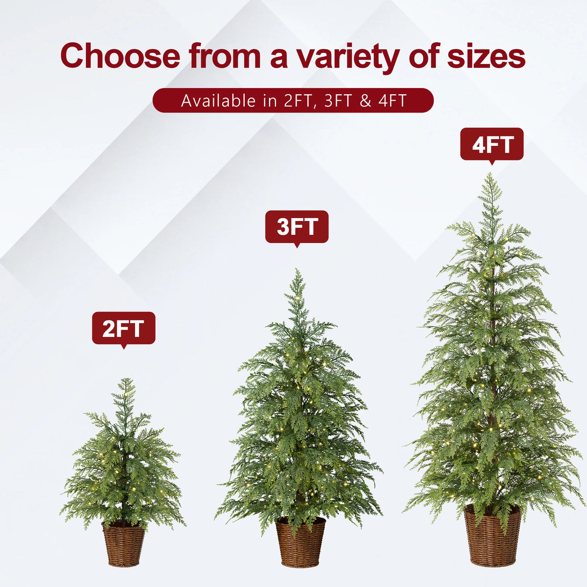Pre-Lit Cypress Artificial Christmas Tree with Woven Basket/ Metal Stand, Christmas Tree with 30/70/100/350/500 Warm White Twinkling LEDs, Full Lush Branches, Ideal for Indoor Holiday Decor