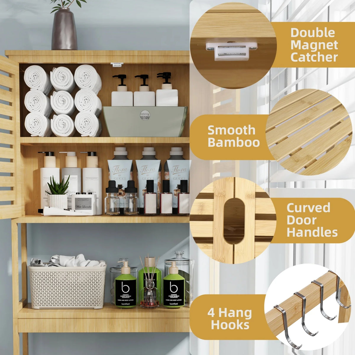 Natural Bamboo Over The Toilet Storage Rack 3-Tier Shelves Storage Shelf Cabinet Bathroom Organizer Space Saver