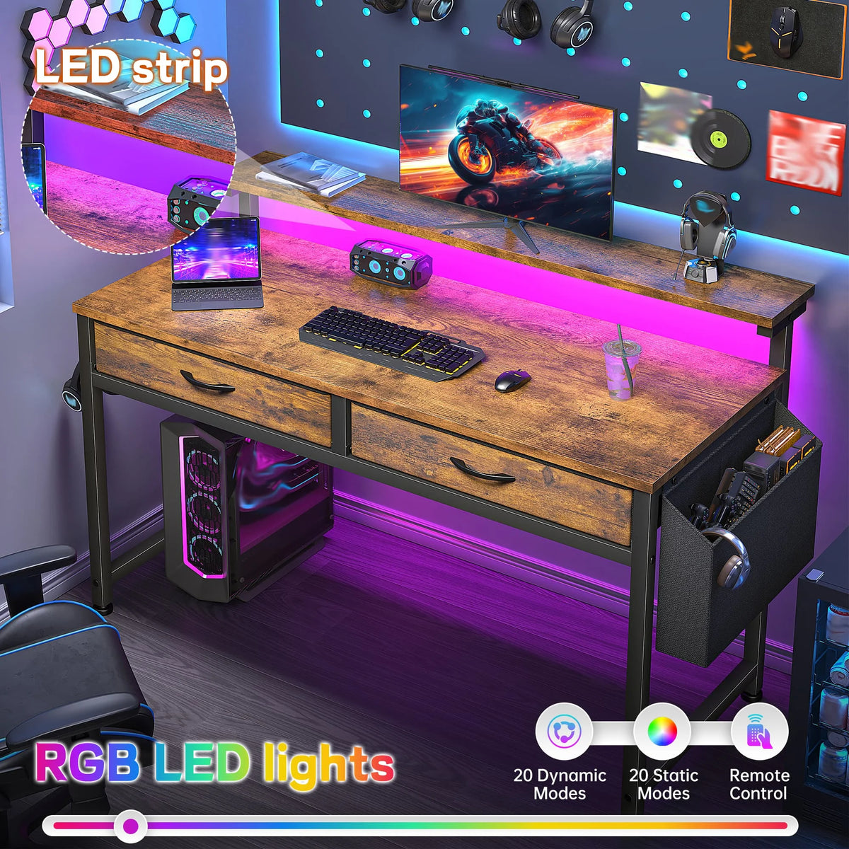 EnHomee 37.8"H RGB LED Study Writing Table Monitor Stand Computer Desk with 2 Fabric Drawers  Small Desk Anti-Tip Design for Home Office