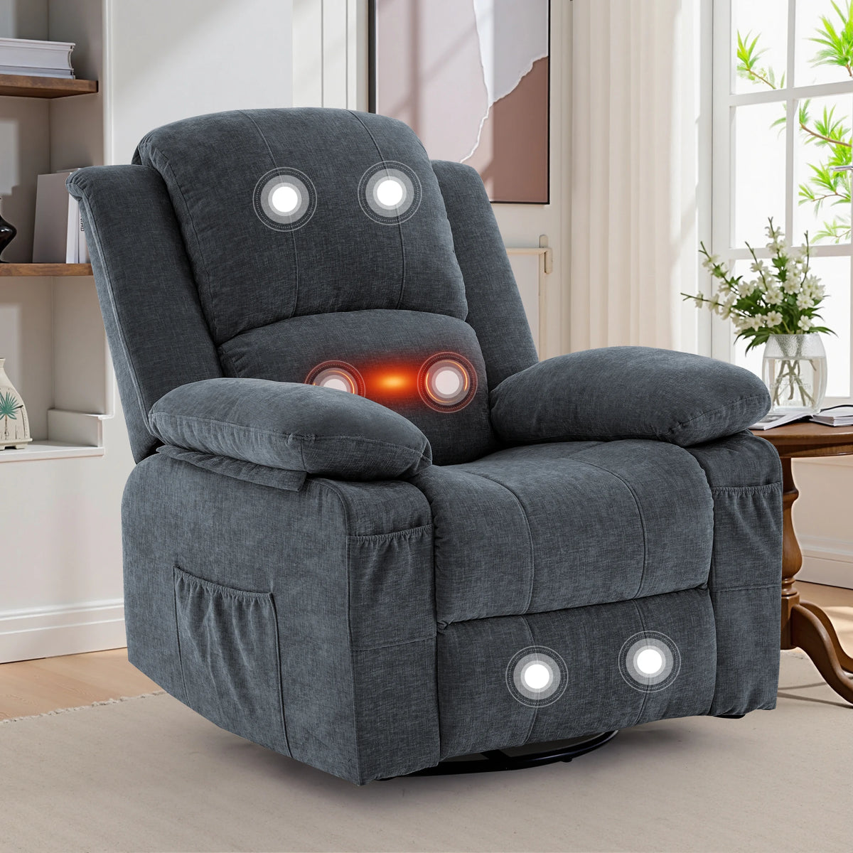Korser Swivel Small Rocker Recliner Chair with Massage Chenille fabric Folding Armchair for Living Room，Bedroom