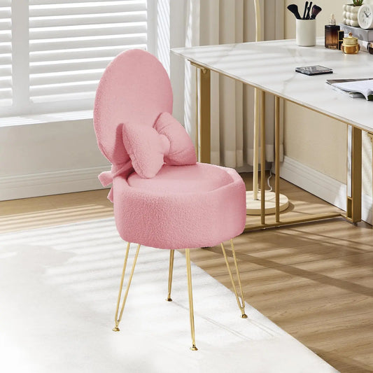 Vanity Stool Chair with Pillow & Foldable Backrest, Sherpa Fleece Vanity Chair with Stroage Space & Metal Legs, Soft Storage Ottoman, Modern Accent Chair for Makeup Bedroom Living Room