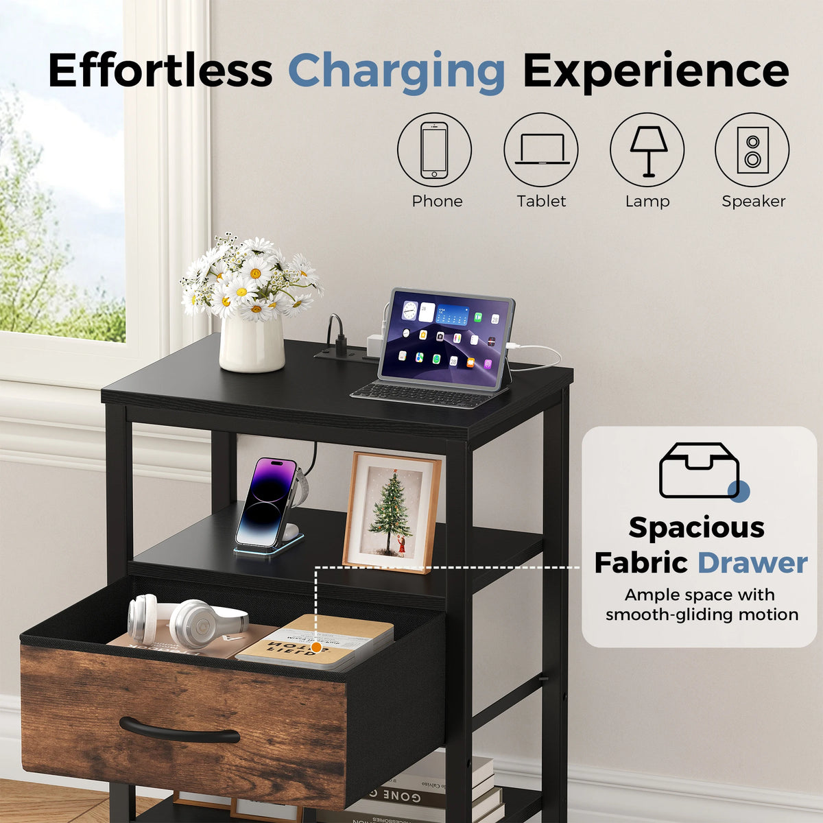 MCQ Nightstand Set of 2 Fabric Drawers with Charging Station Cabinets Bedside End Table Storage With Charging Station for Home