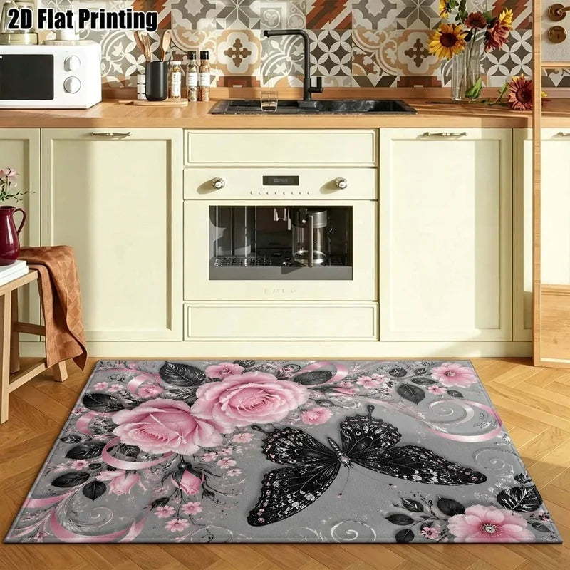 1Pc Light Luxury Retro Pink Rose Black Butterfly Printed Carpet, Warm Home Decoration, Artistic Decorative Carpet, Suitable for Living Room, Bedroom, Dining Room, Bedside, Indoor and Outdoor Patio, Home Decoration