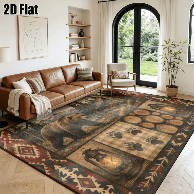 1Pc American Retro Bohemian Brown Bear Cabin Carpet, Machine Washable, Unique Decor, Retro Style Home Essential, Suitable for Living Room, Bedroom, Entryway, Office, Balcony and Other Areas