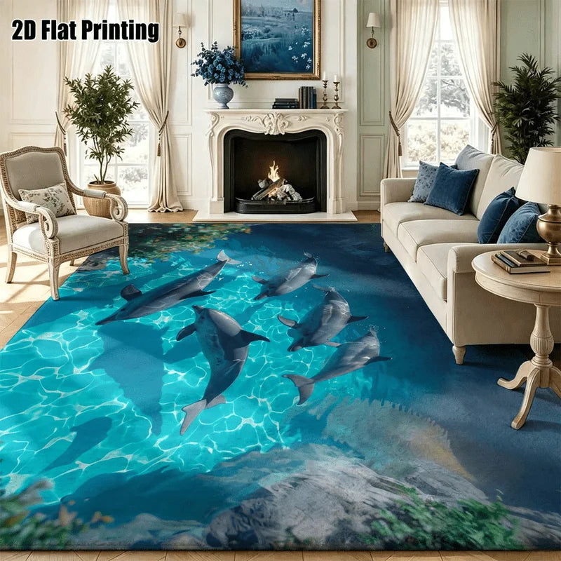 1Pc Dolphin Pattern Rug, Ocean Style Blue Decorative Rug, Suitable for Living Room, Bedroom, Dining Room, Bedside, Indoor and Outdoor Patio, Home Decoration Accessories