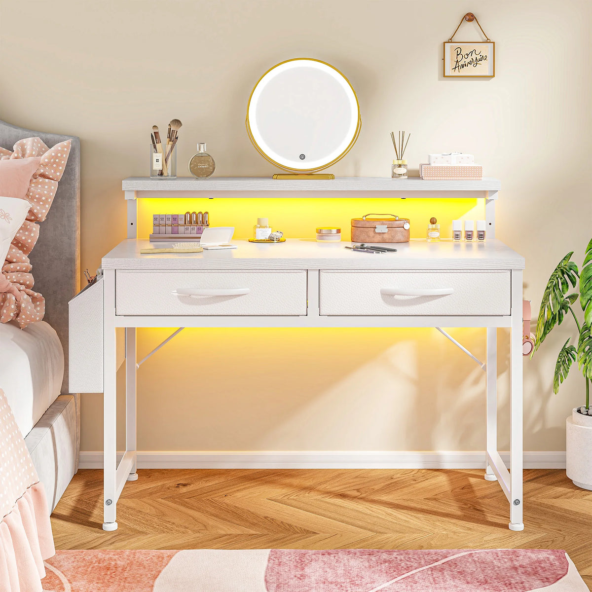 EnHomee 37.8"H RGB LED Study Writing Table Monitor Stand Computer Desk with 2 Fabric Drawers  Small Desk Anti-Tip Design for Home Office