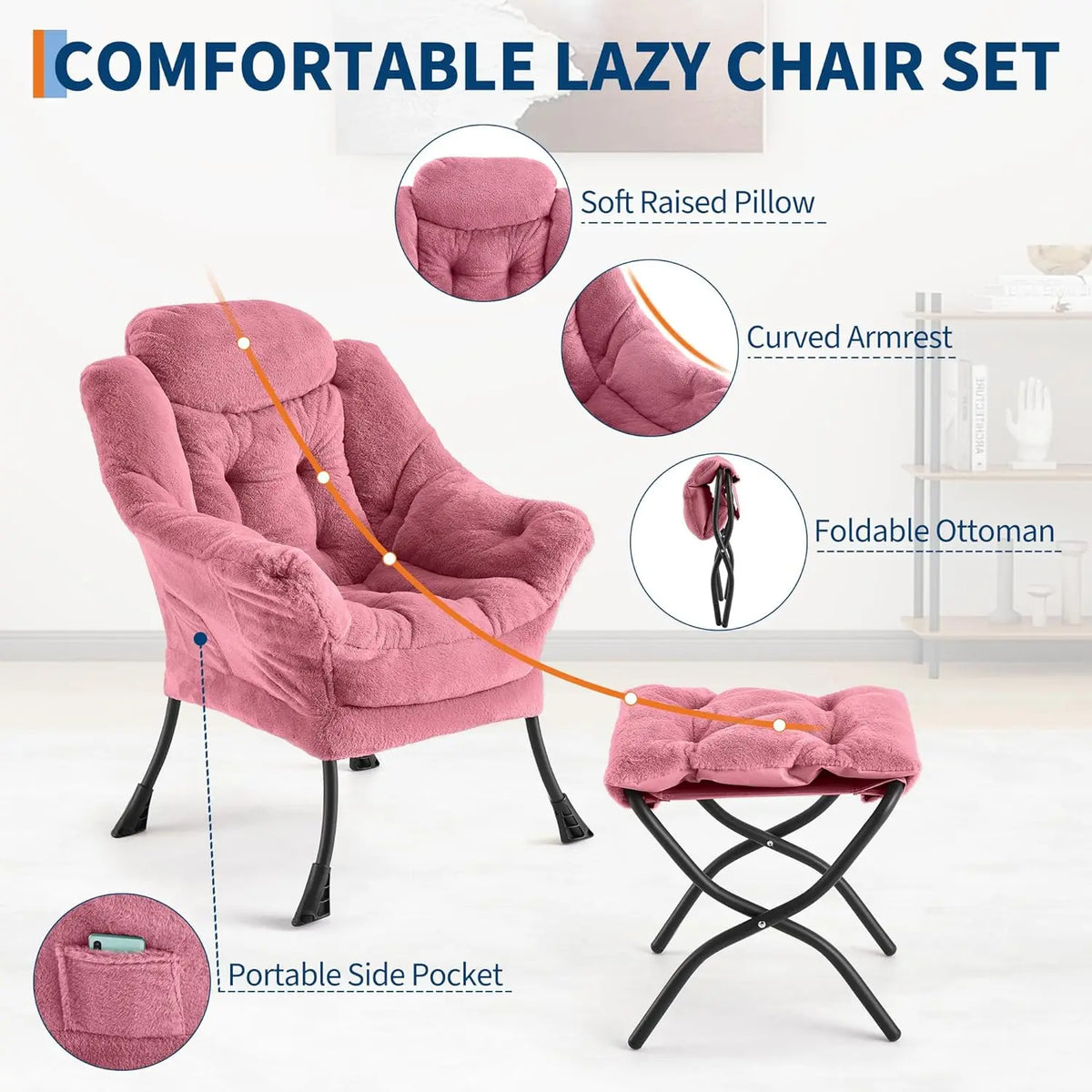 Lazy Chair with Ottoman, Large Lounge Accent Chair, Comfy Armchair with Folding Footrest,Reading Armchair for Bedroom