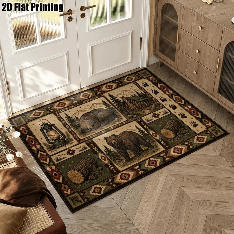 1Pc American Retro Bohemian Brown Bear Cabin Carpet, Art Decorative Rug for Living Room, Bedroom, Dining Room, Bedside, Indoor and Outdoor Patio, Home Decor