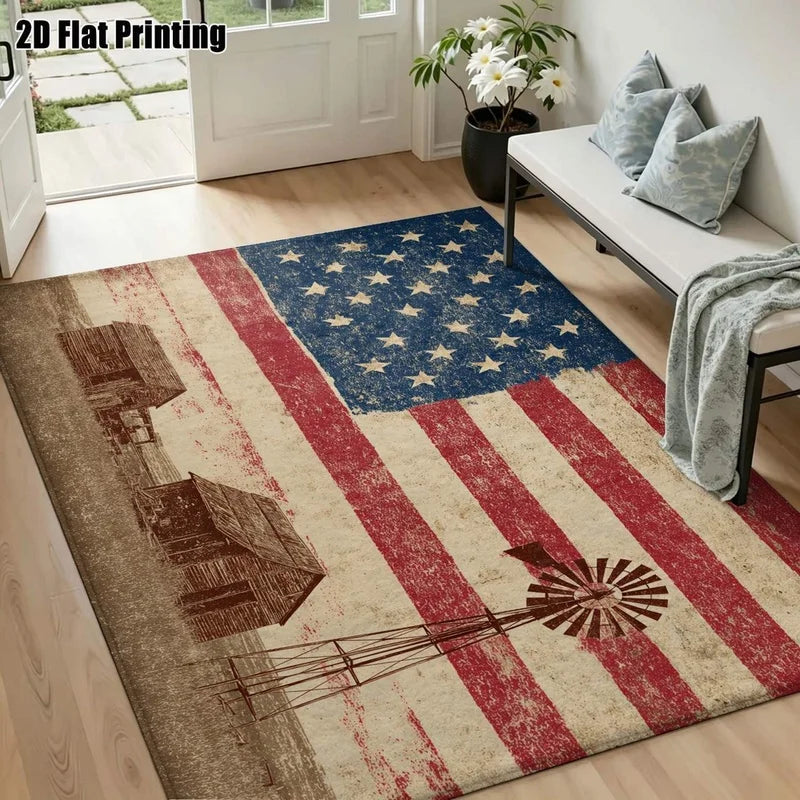 1Pc American Retro Flag Farmhouse Style Print Carpet, Bohemian Style Decorative Rug for Living Room, Bedroom, Dining Room, Bedside, Indoor and Outdoor Patio, Home Decor Accessories