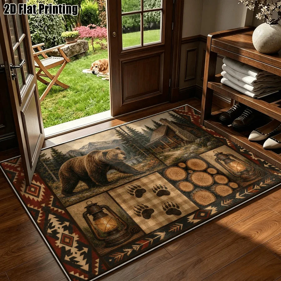 1Pc American Retro Bohemian Brown Bear Cabin Carpet, Machine Washable, Unique Decor, Retro Style Home Essential, Suitable for Living Room, Bedroom, Entryway, Office, Balcony and Other Areas