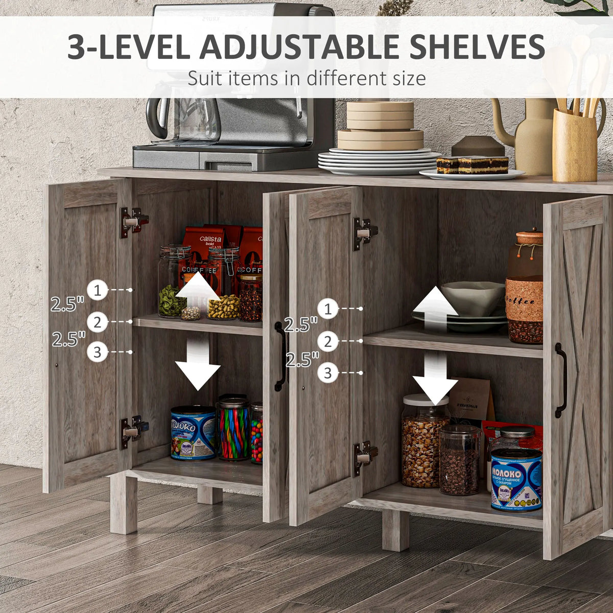 Buffet Cabinet, 47" Sideboard with 4 Barn Doors and 2 Adjustable Shelves, Farmhouse Coffee Bar Cabinet, Gray Wood Grain